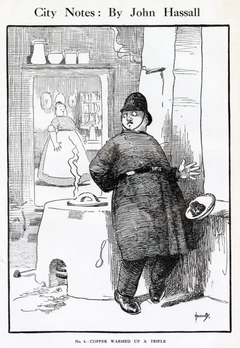 Framed Print : A bobby on the beat, who has stopped to enjoy a bit of pie from a friendly cook in one Framed Print : A bobby on the beat, who has stopped to enjoy a bit of pie from a friendly cook in one