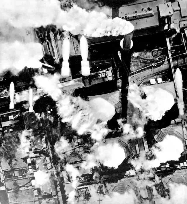Framed Print : Bombs falling on Knapsack Power Station; Second World War, 1 Framed Print : Bombs falling on Knapsack Power Station; Second World War, 1
