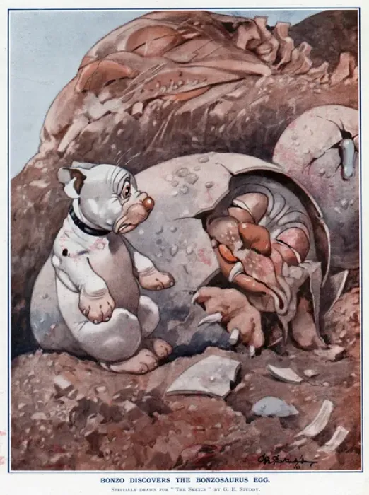 Framed Print : Bonzo Discovers the Bonzosaurus Egg by George Studdy