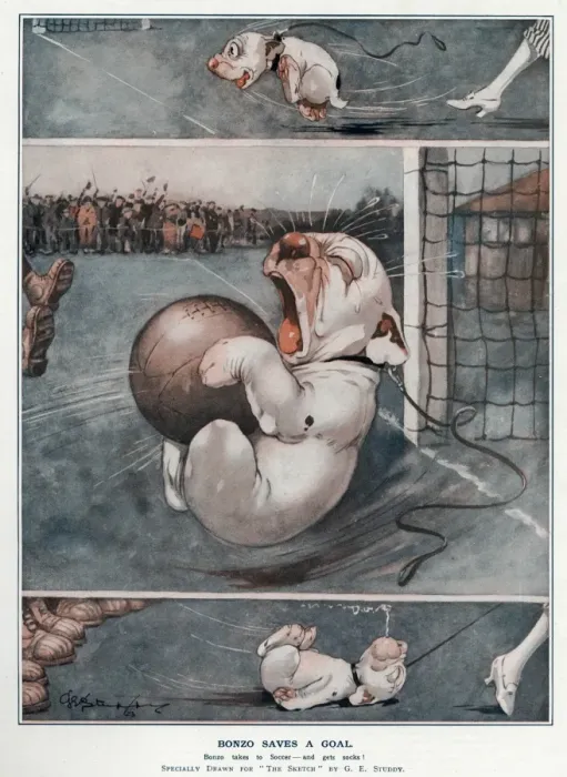 Framed Print : Bonzo saves a goal by George Studdy Framed Print : Bonzo saves a goal by George Studdy