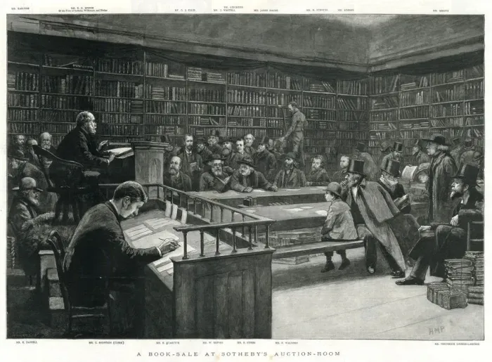 Framed Print : Book sale at Sothebys auction house, London Framed Print : Book sale at Sothebys auction house, London
