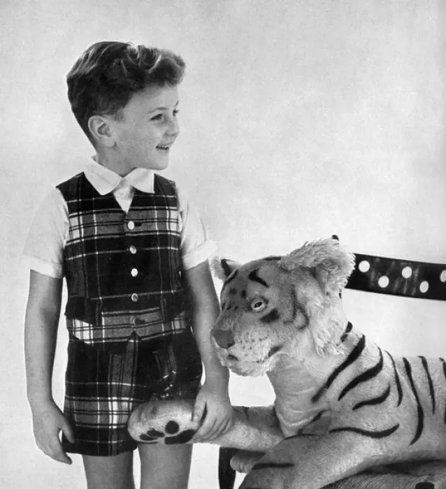 Framed Print : Boy in tartan shorts and waistcoat party outfit 1956