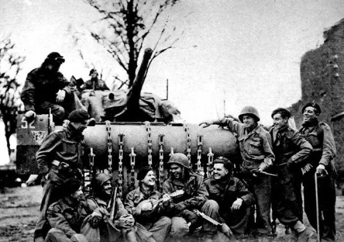 Framed Print : British and American troops singing beside a Sherman Flail T Framed Print : British and American troops singing beside a Sherman Flail T