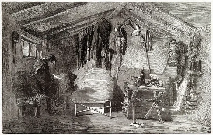 Framed Print : A British cavalry officer in his hut at Balaklava Date: winter 1854 - 55