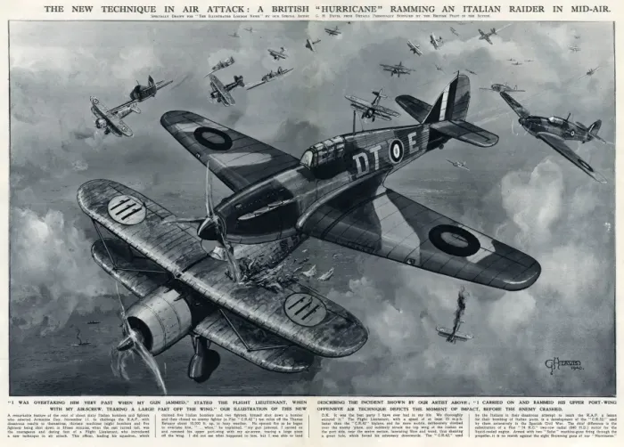 Framed Print : British Hurricane ramming Italian raider by G. H. Davis
