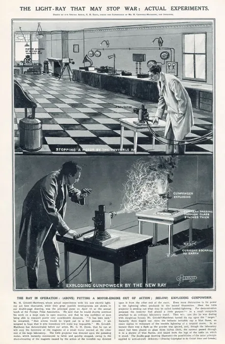 Framed Print : British inventor Harry Grindell Matthews's invention of the invisible ray in operation (above) putting a motor-engine out of action (below) exploding gunpower. Date: 1924 Framed Print : British inventor Harry Grindell Matthews's invention of the invisible ray in operation (above) putting a motor-engine out of action (below) exploding gunpower. Date: 1924