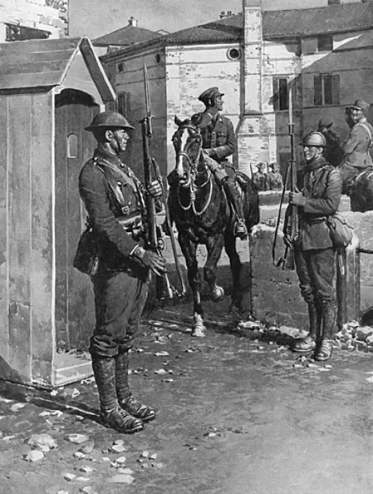 Framed Print : British and Italian sentries in Italy by Matania, WW1 Framed Print : British and Italian sentries in Italy by Matania, WW1
