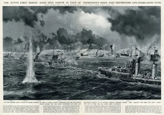 Framed Print : British naval action in Narvik harbour by G. H. Davis Framed Print : British naval action in Narvik harbour by G. H. Davis