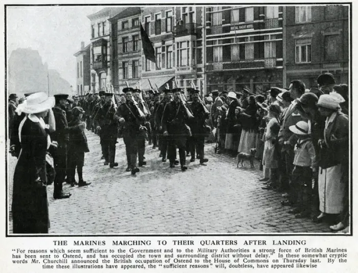 Framed Print : British Royal Marines arriving in Ostend, Belgium, WW1 Framed Print : British Royal Marines arriving in Ostend, Belgium, WW1