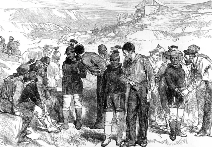 Framed Print : British Sailors meeting Greenland Women, Disco Island, 1875 Framed Print : British Sailors meeting Greenland Women, Disco Island, 1875