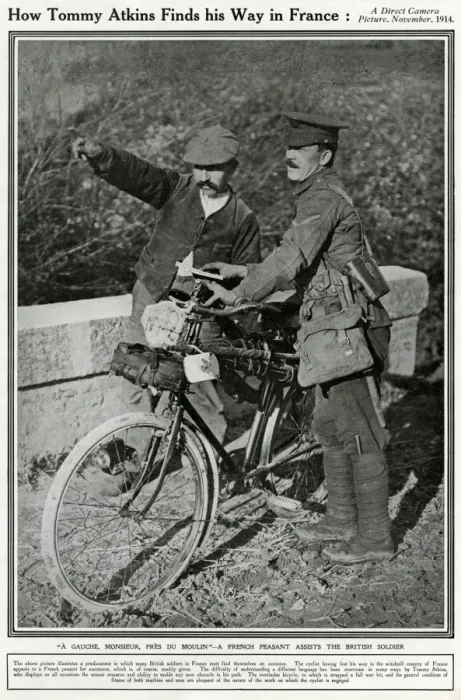 Framed Print : British soldier asking directions in France, 1914