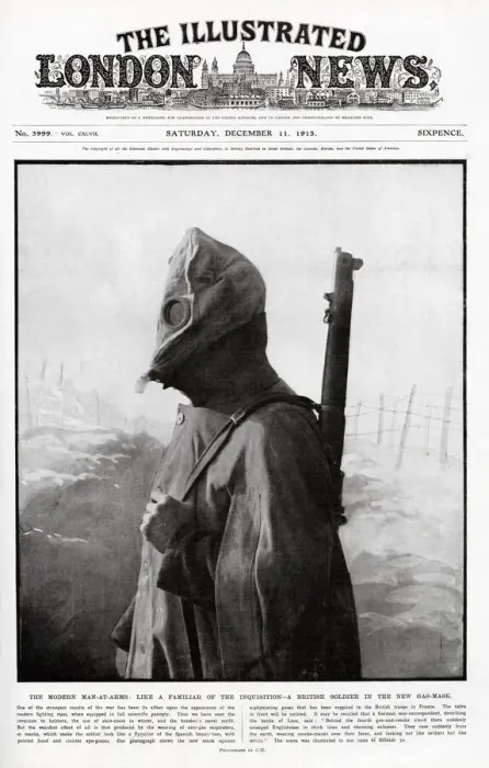 Framed Print : A British soldier wearing a new gas mask on the front cover of The Illustrated London Framed Print : A British soldier wearing a new gas mask on the front cover of The Illustrated London