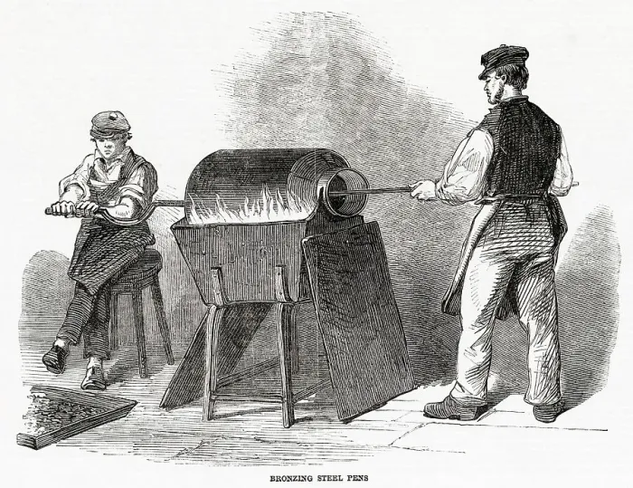 Framed Print : Bronzing steel pens, at Messrs Hinks, Wells and Co. in Birmingham. Date: 1851