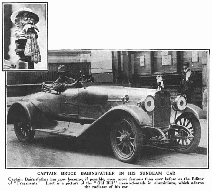 Framed Print : Bruce Bairnsfather in his Sunbeam with Old Bill mascot Framed Print : Bruce Bairnsfather in his Sunbeam with Old Bill mascot