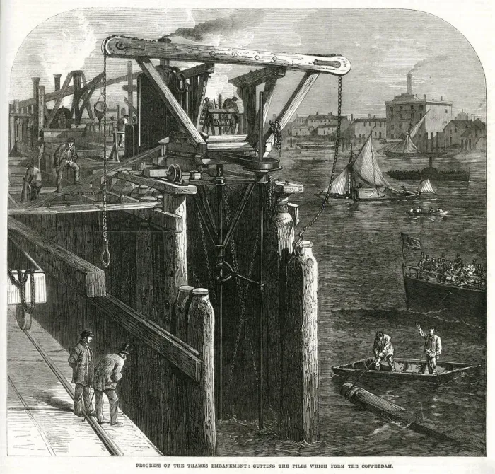 Framed Print : Building a Cofferdam, Thames Embankment Improvements 1866 Framed Print : Building a Cofferdam, Thames Embankment Improvements 1866