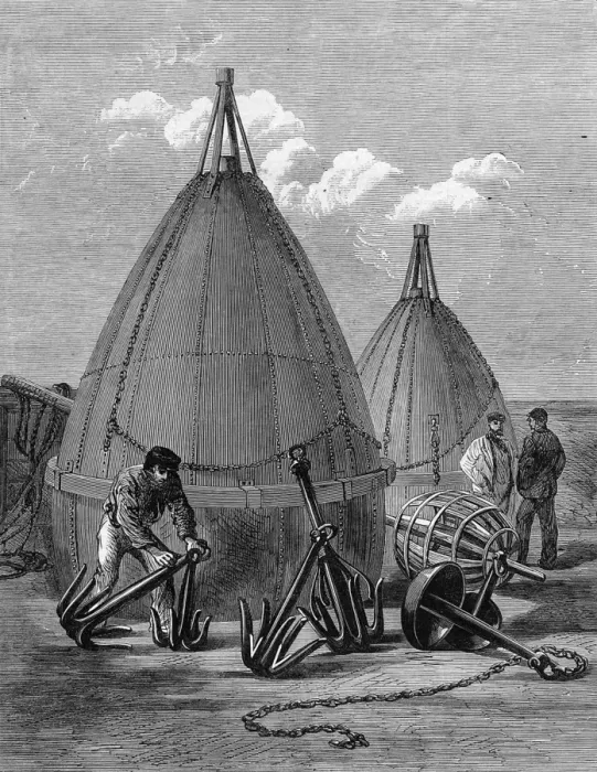 Framed Print : Buoys and Grapnels used in recovering the Atlantic Telegraph