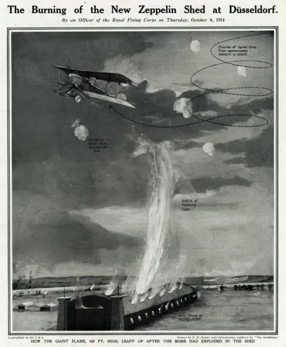 Framed Print : Burning of Zeppelin shed at Dusseldorf by G. H. Davis Framed Print : Burning of Zeppelin shed at Dusseldorf by G. H. Davis
