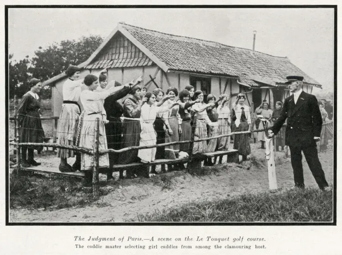 Framed Print : Caddie master selecting girl caddies at Le Touquet, 1914 Framed Print : Caddie master selecting girl caddies at Le Touquet, 1914