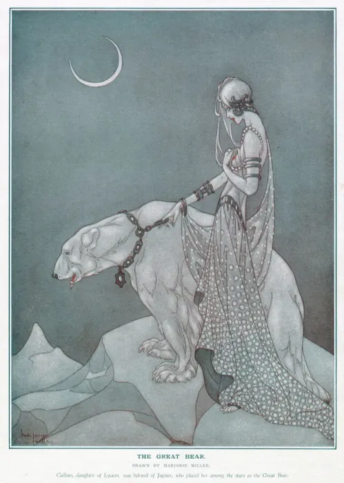Framed Print : Callisto, daughter of Lycaon, was beloved by Jupiter, who placed her among the stars as the Great Bear. Artistic, figurative impression of the Great Bear showing an elegant woman holding a polar bear. Date: 1933