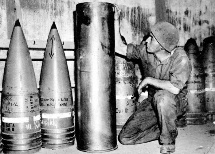Framed Print : Canadian Gunner with German Munitions, France; Second World