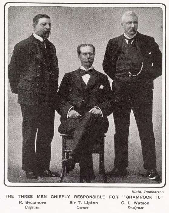 Framed Print : Captain Edward Sycamore, Sir Thomas Lipton the owner and George Lennox Watson the designer all responsible for the development of the Shamrock II. Date: 1901 Framed Print : Captain Edward Sycamore, Sir Thomas Lipton the owner and George Lennox Watson the designer all responsible for the development of the Shamrock II. Date: 1901
