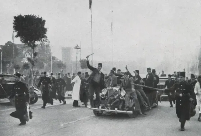 Framed Print : Car jumpers escort Nahas Pasha to the royal wedding Framed Print : Car jumpers escort Nahas Pasha to the royal wedding