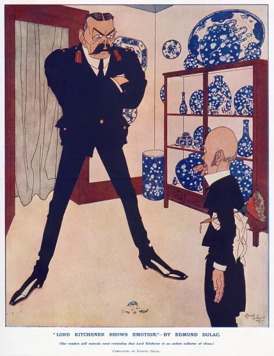 Framed Print : Caricature by illustrator Edmund Dulac of Kitchener looking irate because his butler has dropped a piece of blue and white china. Apparently Kitchener was a collector. Date: 1916 Framed Print : Caricature by illustrator Edmund Dulac of Kitchener looking irate because his butler has dropped a piece of blue and white china. Apparently Kitchener was a collector. Date: 1916