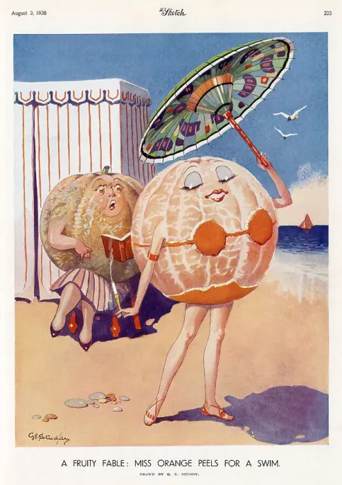 Framed Print : Cartoon by George Studdy, part of his Fruity Fables series, showing a lady orange peeling off her skin down to a bikini. Credit should read: Estate of George Studdy / Gresham Marketing Ltd. / ILN / Mary Evans Date: 1938 Framed Print : Cartoon by George Studdy, part of his Fruity Fables series, showing a lady orange peeling off her skin down to a bikini. Credit should read: Estate of George Studdy / Gresham Marketing Ltd. / ILN / Mary Evans Date: 1938