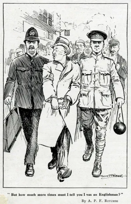 Framed Print : Cartoon, German arrested in the street, WW1 Framed Print : Cartoon, German arrested in the street, WW1