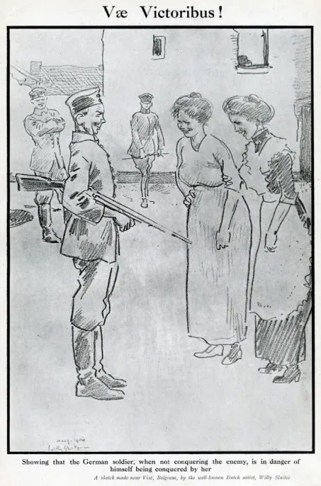 Framed Print : Cartoon, German soldier with two women, WW1 Framed Print : Cartoon, German soldier with two women, WW1