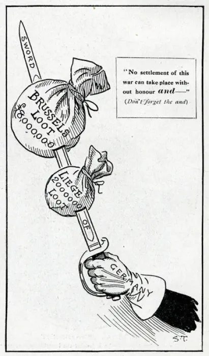 Framed Print : Cartoon, German sword with loot from Belgium, WW1