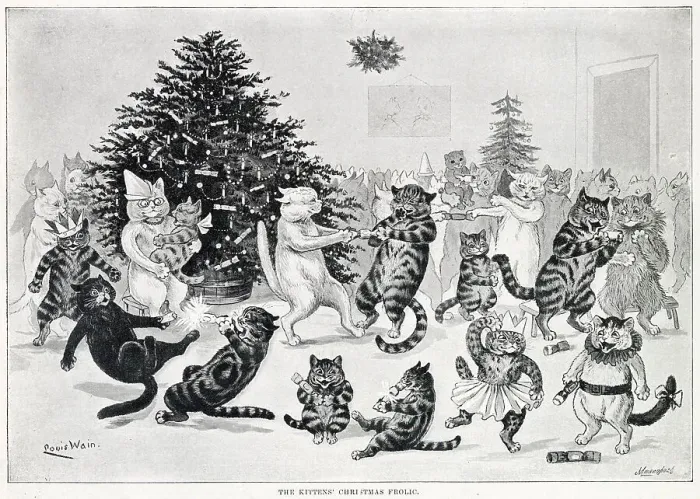 Framed Print : Cats at Christmas pulling crackers and dancing. Date: 1894