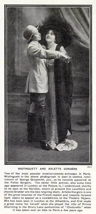 Framed Print : Celebrated Parisian entertainer Mistinguett seen in a costume that mimics that of George Grossmith, with the actress Arlette Dorgere. Date: 1911 Framed Print : Celebrated Parisian entertainer Mistinguett seen in a costume that mimics that of George Grossmith, with the actress Arlette Dorgere. Date: 1911