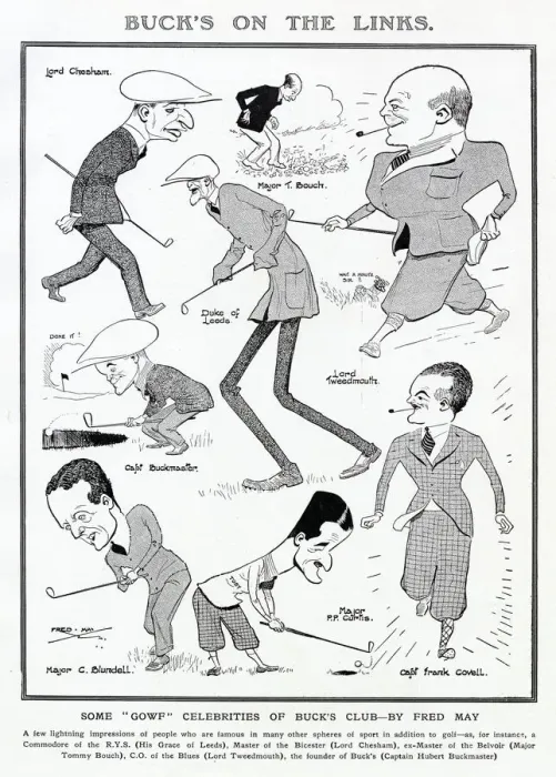 Framed Print : Some celebrities of Bucks Club playing golf caricatured by Fred May in The Tatler Framed Print : Some celebrities of Bucks Club playing golf caricatured by Fred May in The Tatler