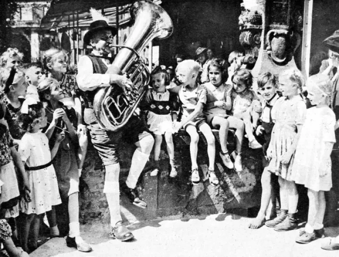 Framed Print : Children listening to a tuba player, Berlin, 1945