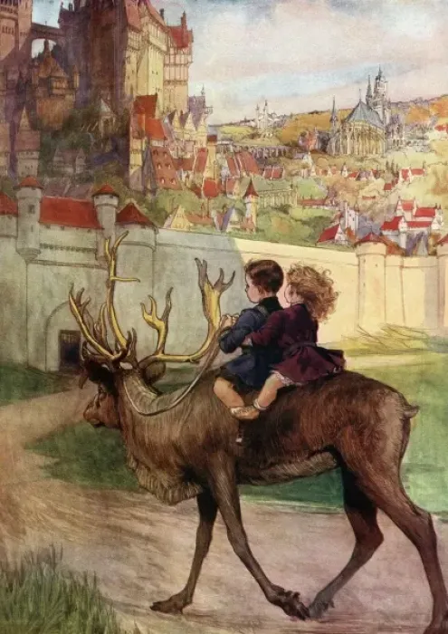 Framed Print : Children ride reindeer by P. A. Staynes Framed Print : Children ride reindeer by P. A. Staynes