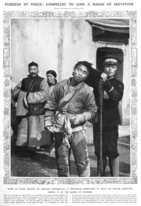 Framed Print : Chinese man losing pigtail by force Framed Print : Chinese man losing pigtail by force