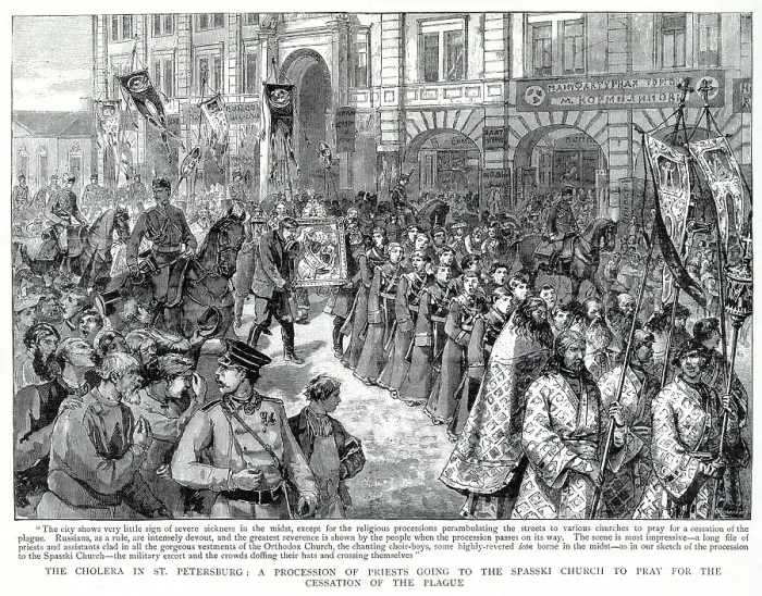 Framed Print : Cholera in St. Petersburg, Russian, a procession of priests going to the Spassky Church to pray for the cessation of the plague. Date: September 1892 Framed Print : Cholera in St. Petersburg, Russian, a procession of priests going to the Spassky Church to pray for the cessation of the plague. Date: September 1892