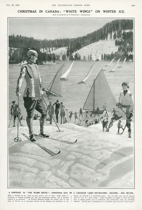 Framed Print : Christmas in Canada: White Wings on Winter Ice - Ice-boating, skating and ski-ing on and by a Canadian Lake. Date: 1930 Framed Print : Christmas in Canada: White Wings on Winter Ice - Ice-boating, skating and ski-ing on and by a Canadian Lake. Date: 1930