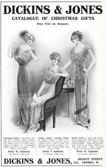 Framed Print : Christmas gift from Dickins & Jones catalogue, showing three ladies wearing slim-lined Framed Print : Christmas gift from Dickins & Jones catalogue, showing three ladies wearing slim-lined