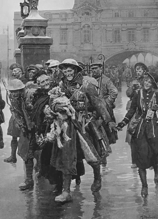 Framed Print : Christmas leave 1916, scene at Victoria station by Matania Framed Print : Christmas leave 1916, scene at Victoria station by Matania