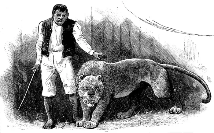 Framed Print : Circus animal trainer and his lion, 1888 Framed Print : Circus animal trainer and his lion, 1888