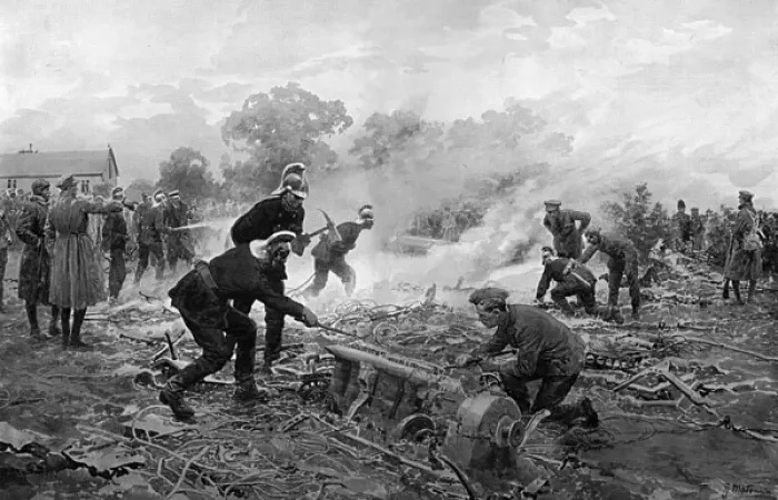 Framed Print : Clearing away wreckage at Cuffley by Matania, WW1