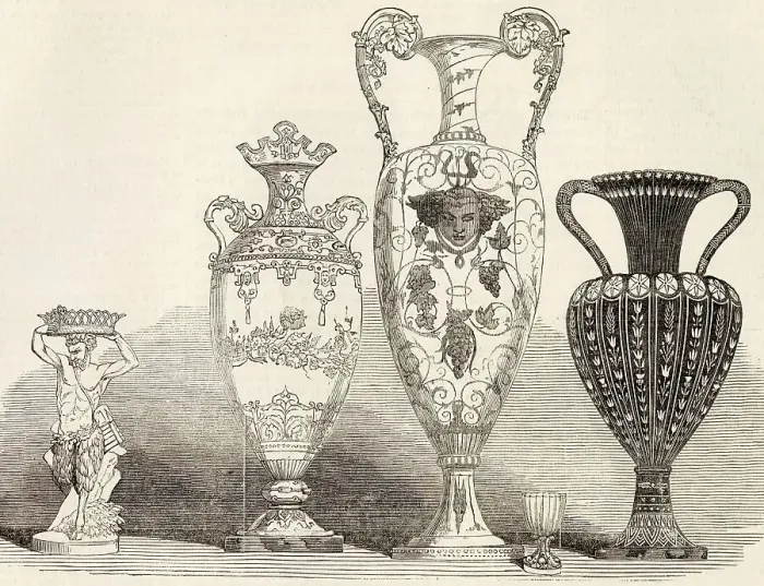 Framed Print : A collection of examples of Sevres porcelain on display in an exhibition of French manufacturing at 13 Hanover Square in London in December 1849. Date: 1849 Framed Print : A collection of examples of Sevres porcelain on display in an exhibition of French manufacturing at 13 Hanover Square in London in December 1849. Date: 1849