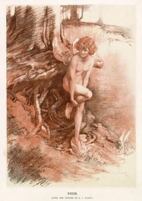 Framed Print : A colour illustration showing a pixie perched against a tree. Date: 1924