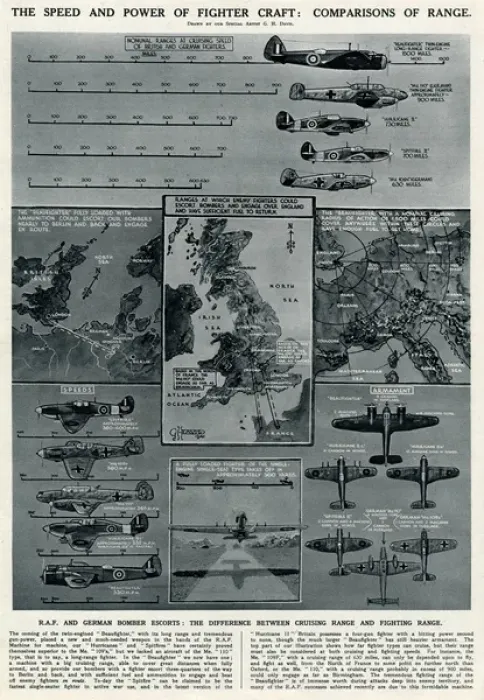 Framed Print : Comparative ranges of fighter aircraft by G. H. Davis Framed Print : Comparative ranges of fighter aircraft by G. H. Davis