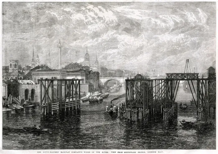 Framed Print : Construction of a new railway bridge, London 1864 Framed Print : Construction of a new railway bridge, London 1864
