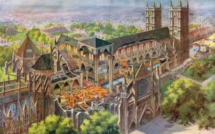 Framed Print : Coronation 1937 - cutaway of Westminster Abbey Framed Print : Coronation 1937 - cutaway of Westminster Abbey