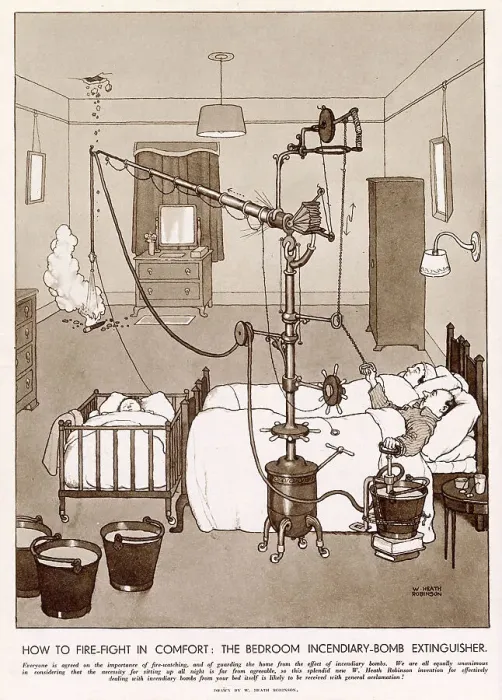 Framed Print : Couples ingenious device so they don't wake up the baby. A makeshift pump that extinguishes incendiary bombs that have landed in your home without leaving the comfort of your bed. Date: 1941 Framed Print : Couples ingenious device so they don't wake up the baby. A makeshift pump that extinguishes incendiary bombs that have landed in your home without leaving the comfort of your bed. Date: 1941