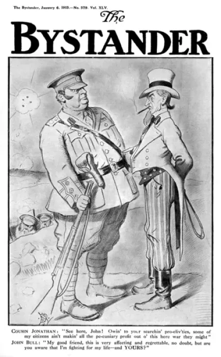 Framed Print : Front cover of The Bystander, 1915: US war profiteering Framed Print : Front cover of The Bystander, 1915: US war profiteering